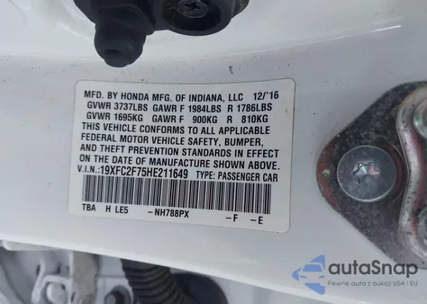 2017 Honda Civic Ex from USA, damaged, VIN 19XFC2F75HE211649